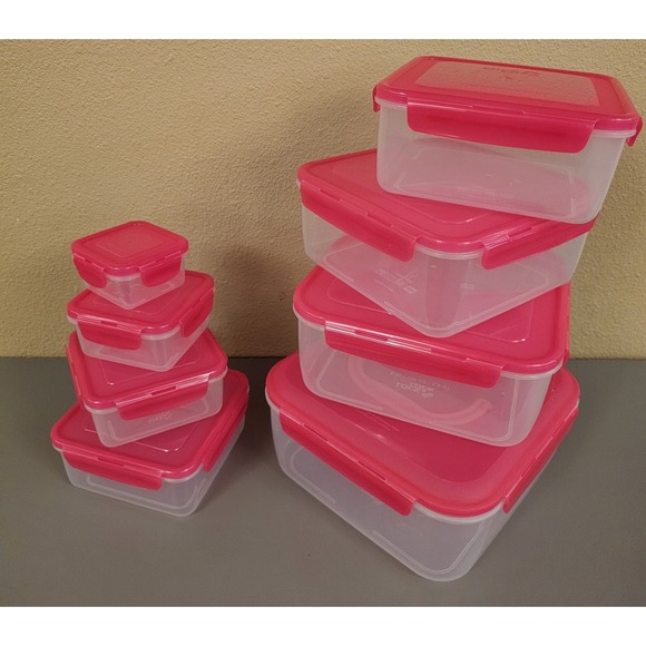 Lock&Lock Clear Plastic Pink Lids Storage Container Set Of 8 Nesting Handle - Picture 2 of 11